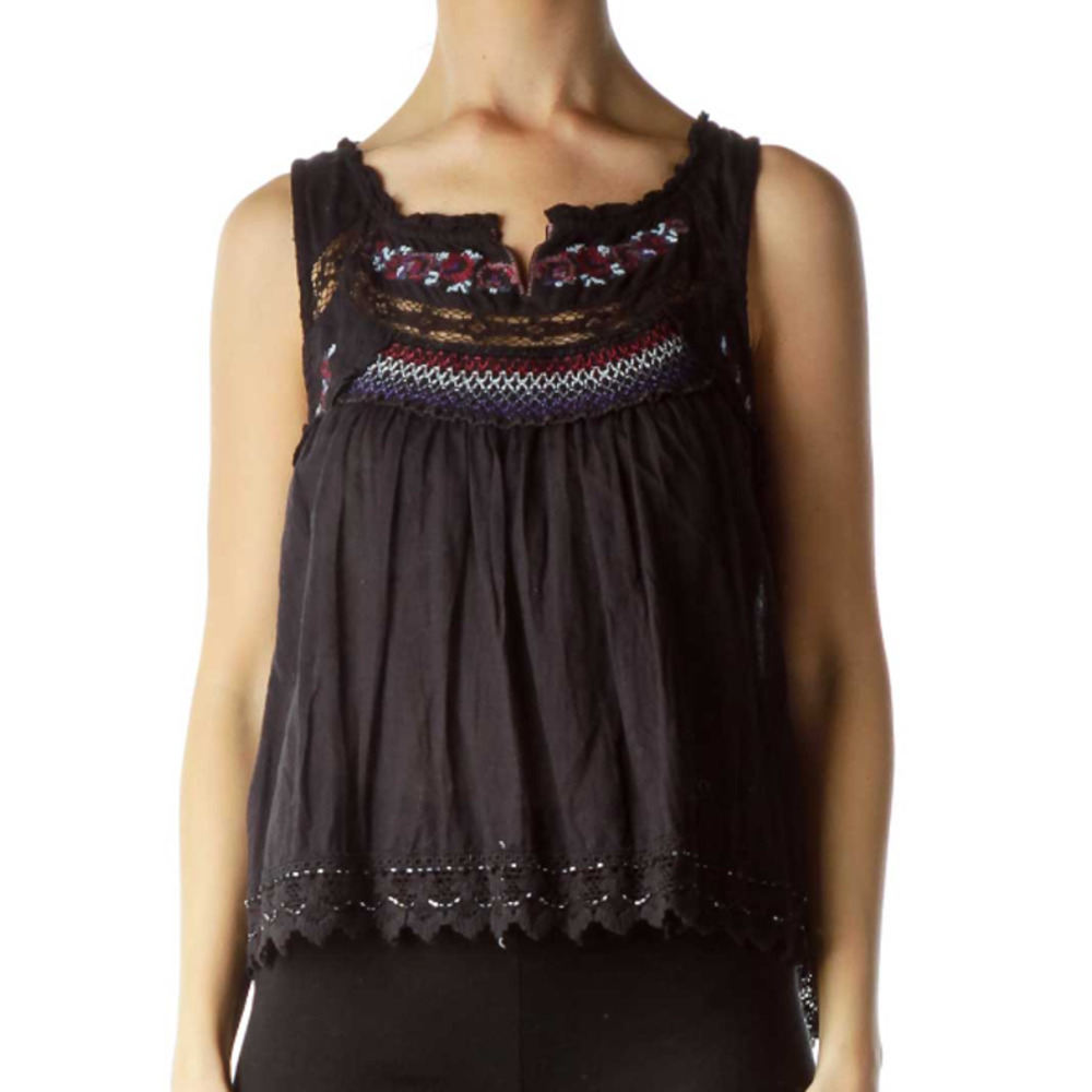 Free People Stitch Wonderland Tank Top XS Black Embroidered 100% Cotton